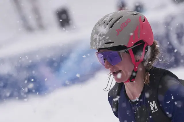 France's Emily Harrop reacts after competing in the women's sprint ski mountaineering