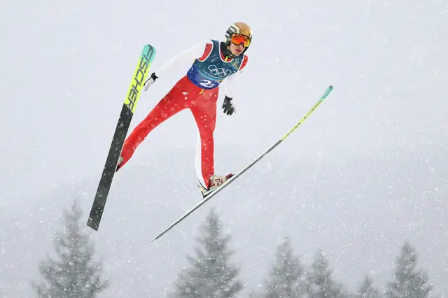 Milosz Krzempek of Poland jumps in the Ski Jumping Trial Round of Nordic Combined Team Sprint