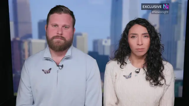 Virginia Giuffre's brother Sky Roberts (left) and his wife Amanda (right) speaking to BBC Newsnight with a background of high-rise buildings behind them
