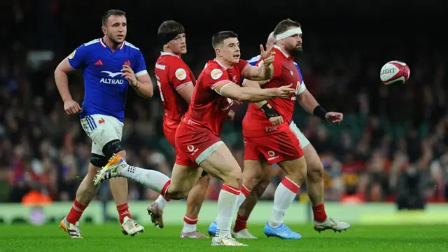 Joe Hawkins passes for Wales against France in the Six Nations