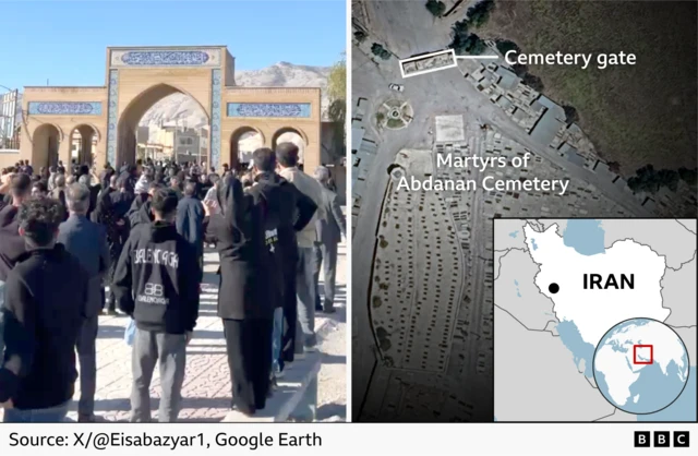 An annotated graphic showing (left) a screengrab from the video which we could match (right) with the cemetery gate seen in satellite imagery