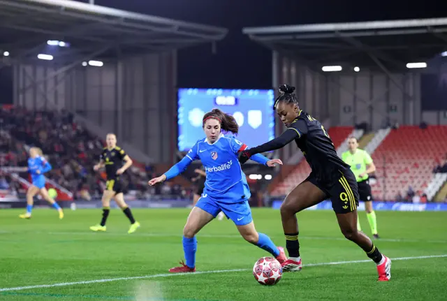 Malard attempts to dribble past her full-back