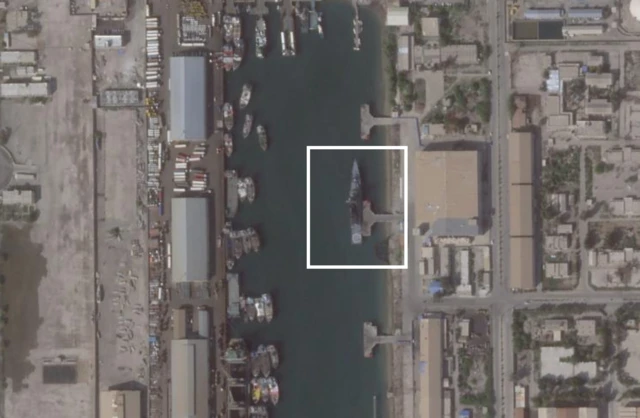 The Russian Navy ship Stoykiy seen in satellite imagery docked at Bandar Abbas in Iran