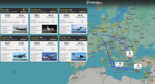 A screengrab from Flightradar24 shows the tracks of six US military aircraft moving through European airspace