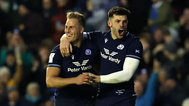 Duhan van der Merwe and Blair Kinghorn celebrate