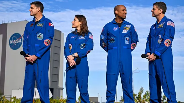 (L-R) Canadian Space Agency astronaut, NASA Artemis II Mission Specialist Jeremy Hansen, NASA astronaut and Artemis II Mission Specialist Christina Koch, NASA astronaut and Artemis II pilot Victor Gloverand and NASA astronaut and Artemis II Commander Reid Wiseman