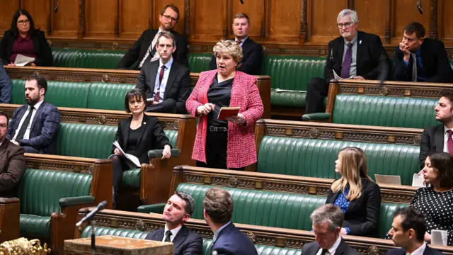 Emily Thornberry wears a pink jacket over a black blouse while speaking in the House of Commons with other members in the background.