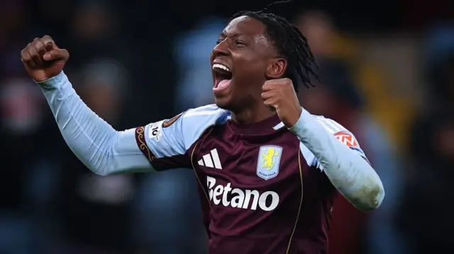 Jamaldeen Jimoh-Aloba celebrating scoring for Aston Villa against RB Salzburg