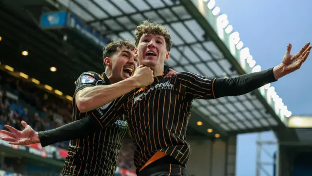 Lewis Koumas celebrating scoring the winning goal for Hull City at Blackburn