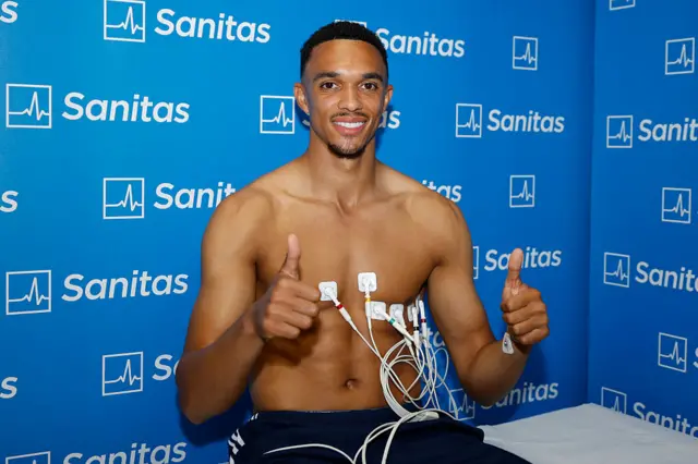Trent Alexander-Arnold with his thumbs up at his Real Madrid medical