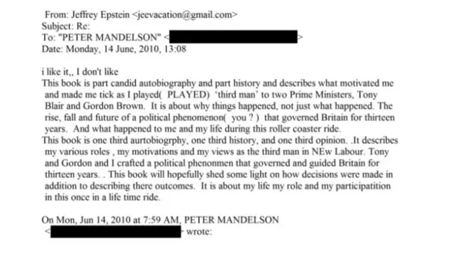 Image that shows an apparent email exchange between Peter Mandelson and Jeffrey Epstein. Some details in the document have been redacted.