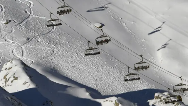 Chairlifts on a ski slope in the French Alps