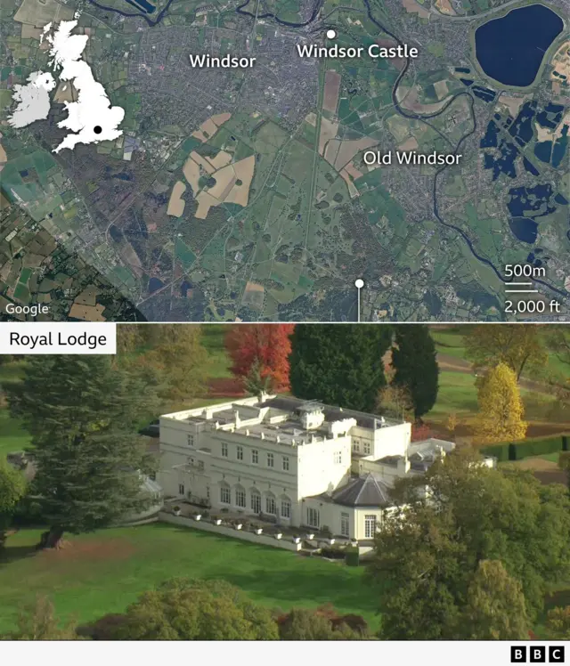 Map of Sandringham Estate in Norfolk, England, showing the estate boundary and key locations. Sandringham House is marked near the centre and Wood Farm highlighted in the far west section of the estate. Inset map shows the estate’s position in the southeast of the UK.