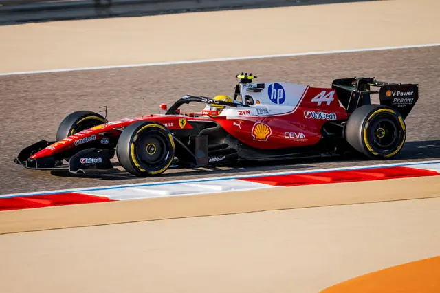 Lewis Hamilton drives the Ferrari on track in Bahrain