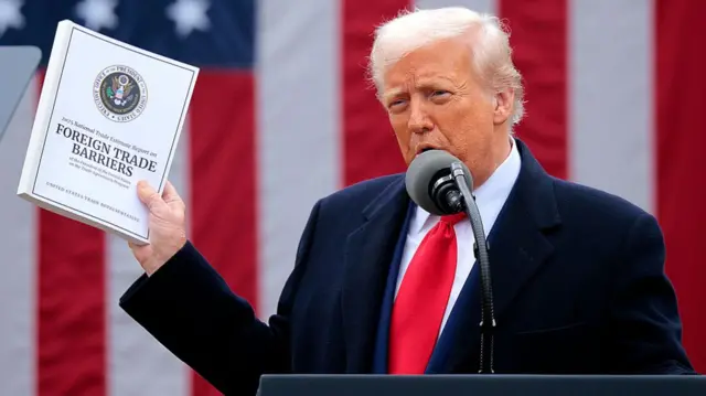 Trump holding up a thick booklet that says "foreign trade barriers" on the front
