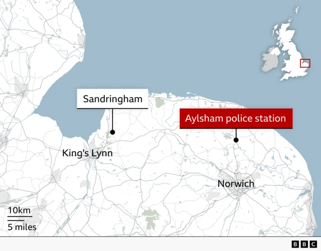 Map labelling Aylsham police station location, north of the centre of Norwich. Labelled also is Sandringham, north-west of King's Lynn.