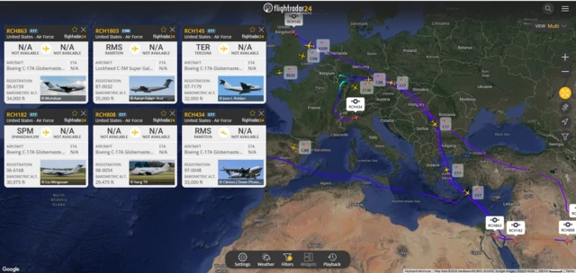 A grab from Flightradar24 showing six US military aircraft over Europe and the Middle East