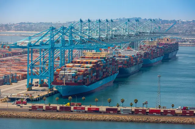 Container ships at the Port of Los Angeles in Los Angeles, California