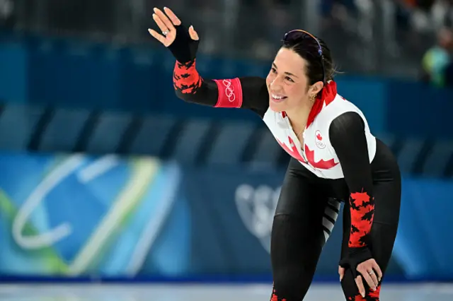 Canada's Valerie Maltais reacts after competing in the speed skating