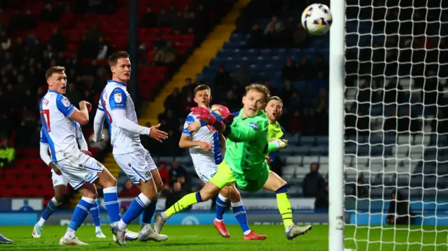 Alfie Devine's free-kick bounces off the outside of the post for Preston with the Blackburn defence and goalkeeper Balasz Toth beaten
