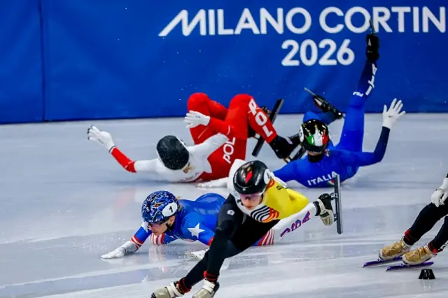 Hanne Desmet of Belgium crash Kamila Sellier-Stormowska of Poland and Arianna Fontana