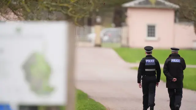 Police officers at Royal Lodge, the former home of Andrew Mountbatten-Windsor in Windsor, Berkshire. Andrew Mountbatten-Windsor was arrested on Thursday on suspicion of misconduct in public office.