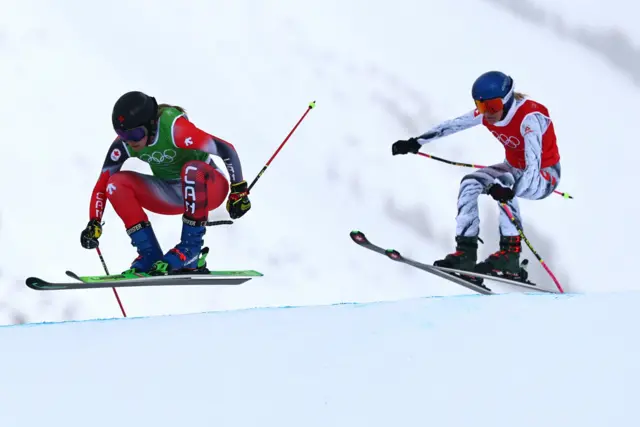 Hannah Schmidt (L) of Canada and Fanny Smith of Switzerland in action during the Women's Ski Cross 1/8 finals of the Freestyle Skiing