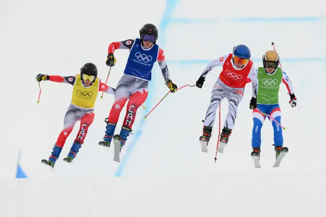 Brittany Phelan of Team Canada, Hannah Schmidt of Team Canada, Fanny Smith of Team Switzerland and Jade Grillet Aubert of Team France compete in the Women's Ski Cross Quarterfinals