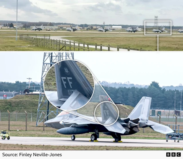 A BBC Verify graphic showing (top) a line of six F-22 Raptor jets and (bottom) a close-up of one where we've highlighted the FF tail code