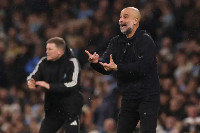Guardiola and Howe shout instructions from the sideline