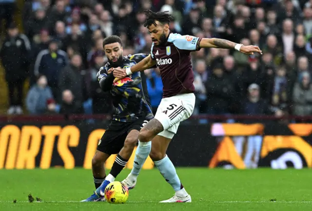 Leeds United's Jayden Bogle (left) and Aston Villa's Tyrone Mings battle for the ball