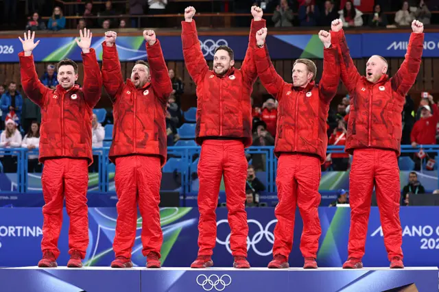 Gold medalists Brad Jacobs, Marc Kennedy, Brett Gallant, Ben Hebert and Tyler Tardi of Team Canada