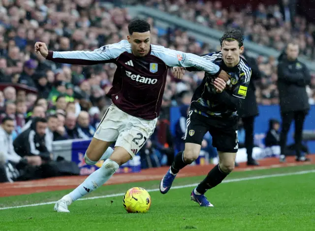 Aston Villa's Morgan Rogers in action with Leeds United's Brenden Aaronso
