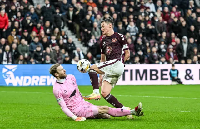 Falkirk's Scott Bain blocks a shot by Hearts' Islam Chesnokov