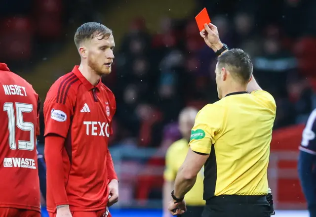 Referee Steven McLean shows a red card to Aberdeen's Liam Morrison