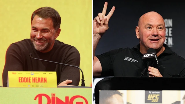 Eddie Hearn smiles as he speaks into a microphone and Dana White holds up two fingers as he speaks into a microphone