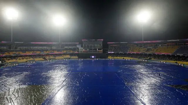 A general view of as rainfall delays play prior to the ICC Men's T20 World Cup India & Sri Lanka 2026 Super 8 match between New Zealand and Pakistan at R. Premadasa Stadium
