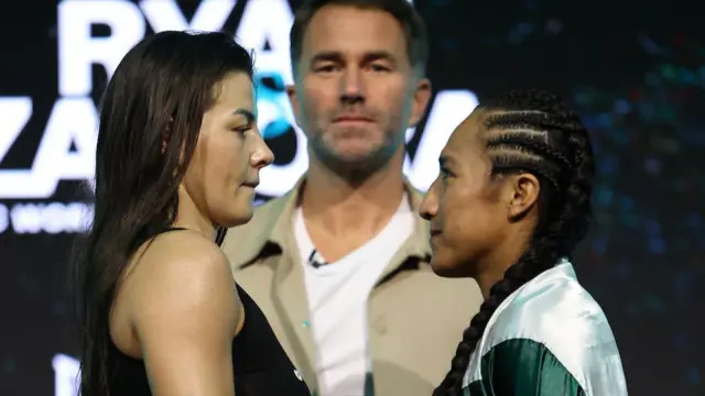 Sandy Ryan and Karla Ramos Zamora face-off with Eddie Hearn in the background