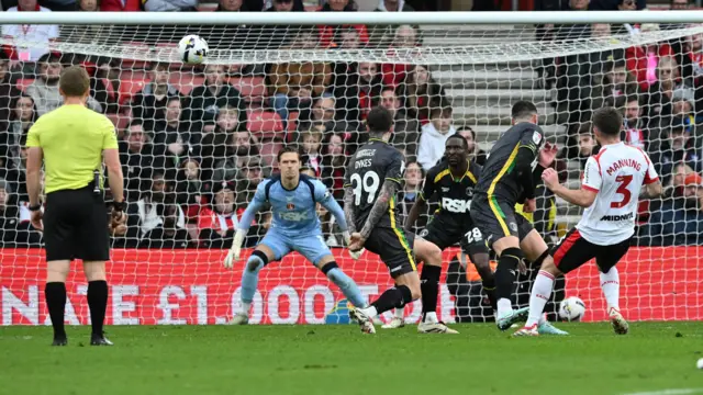 Ryan Manning hits the crossbar for Southampton