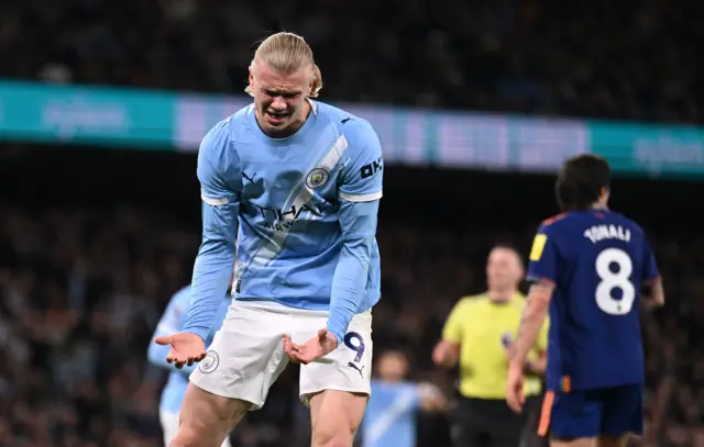 Haaland shouts in frustration after making another clearance