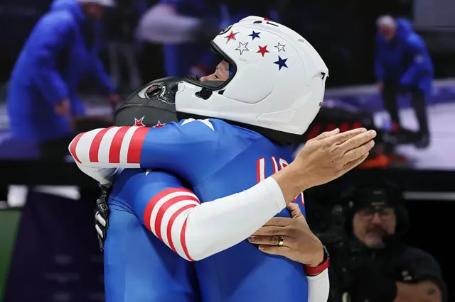Pilot Elana Meyers Taylor and Jadin O'Brien of Team United States react after competing in the Bobsleigh Two-Woman Heat 3