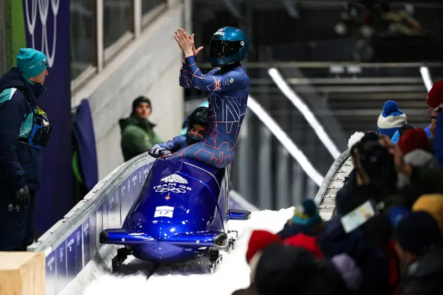 Pilot Adele Nicoll and Ashleigh Nelson of Team Great Britain celebrate