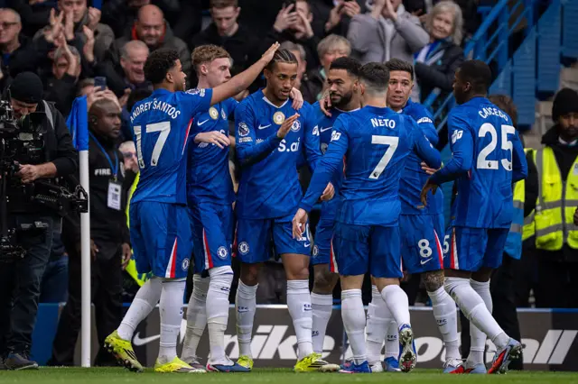 João Pedro of Chelsea celebrate with his teammates after scoring opening goal