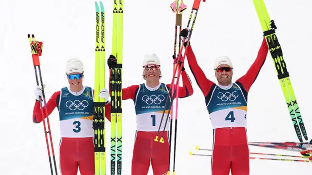 Norwegian skiers celebrating