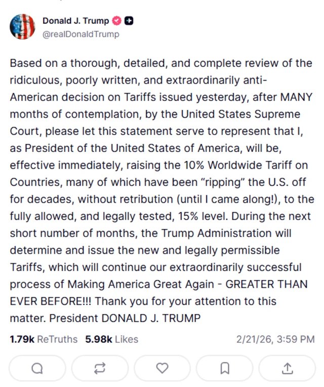 Based on a thorough, detailed, and complete review of the ridiculous, poorly written, and extraordinarily anti-American decision on Tariffs issued yesterday, after MANY months of contemplation, by the United States Supreme Court, please let this statement serve to represent that I, as President of the United States of America, will be, effective immediately, raising the 10% Worldwide Tariff on Countries, many of which have been “ripping” the U.S. off for decades, without retribution (until I came along!), to the fully allowed, and legally tested, 15% level. During the next short number of months, the Trump Administration will determine and issue the new and legally permissible Tariffs, which will continue our extraordinarily successful process of Making America Great Again - GREATER THAN EVER BEFORE!!! Thank you for your attention to this matter. President DONALD J. TRUMP