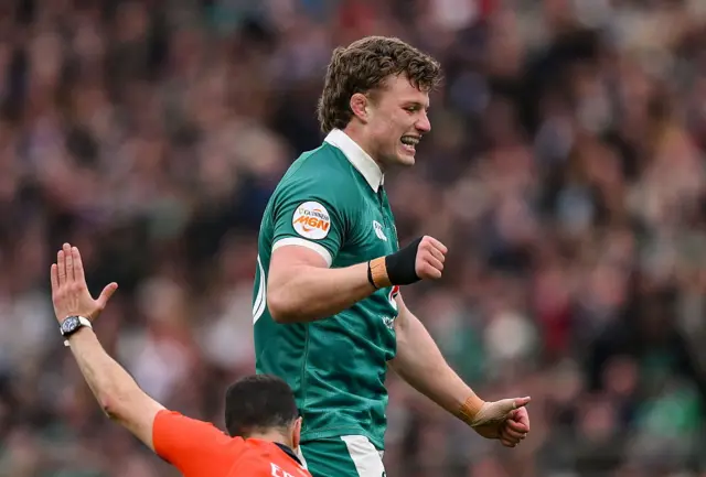 Cian Prendergast of Ireland celebrates his side winning a penalty
