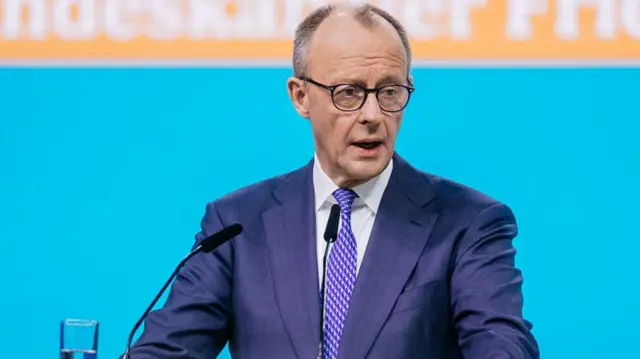 : German Chancellor and leader of the Christian Democratic Union (CDU) Friedrich Merz speaks at the 38th CDU federal party congress on February 20,