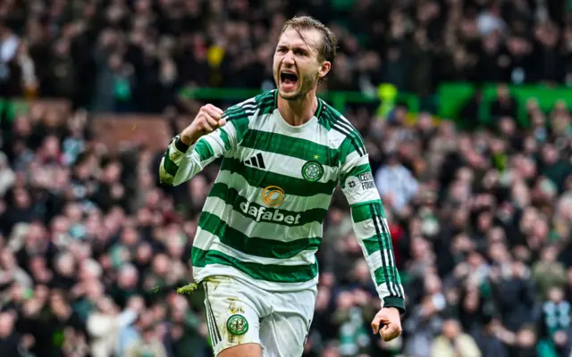 Benjamin Nygren celebrates his equaliser for Celtic