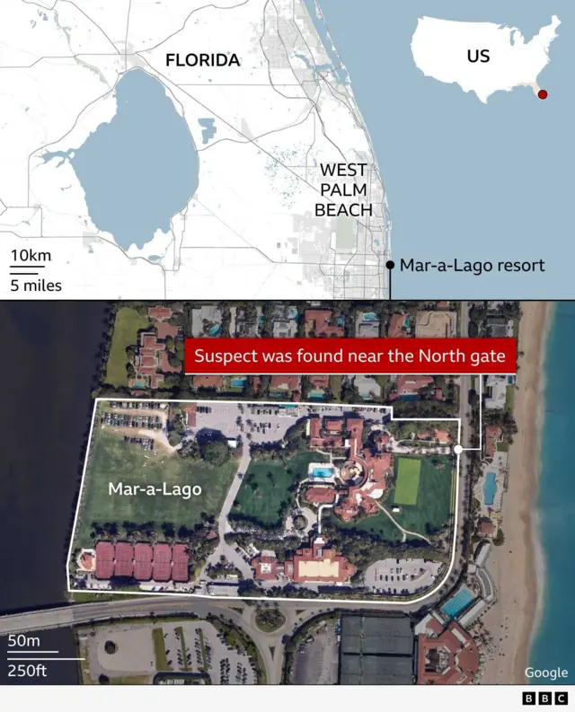 A two-part map showing the location of Mar-a-Lago in Florida and a close-up satellite view of the resort. The top map shows part of Florida’s east coast, including West Palm Beach, with a marker indicating the Mar-a-Lago resort. An inset map of the United States highlights the region. The lower image is a detailed overhead satellite view of the Mar‑a‑Lago property, outlined in white, bordered by water on both sides. A red label notes “Suspect was found at the North gate” near the top edge of the property