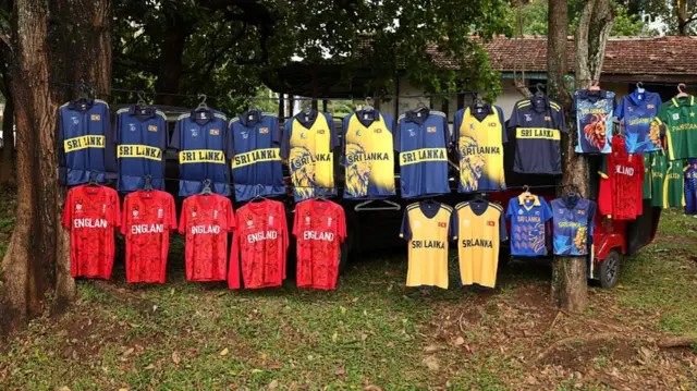 Sri Lanka and England merchandise is seen for sale outside the stadium prior